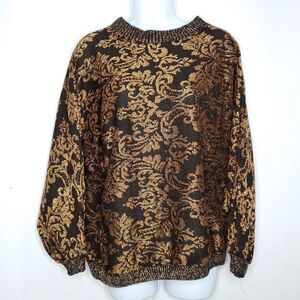 Vtg 80s Copper Gold Metallic Black Floral Sweater L Dolman Sleeve Party Cocktail
